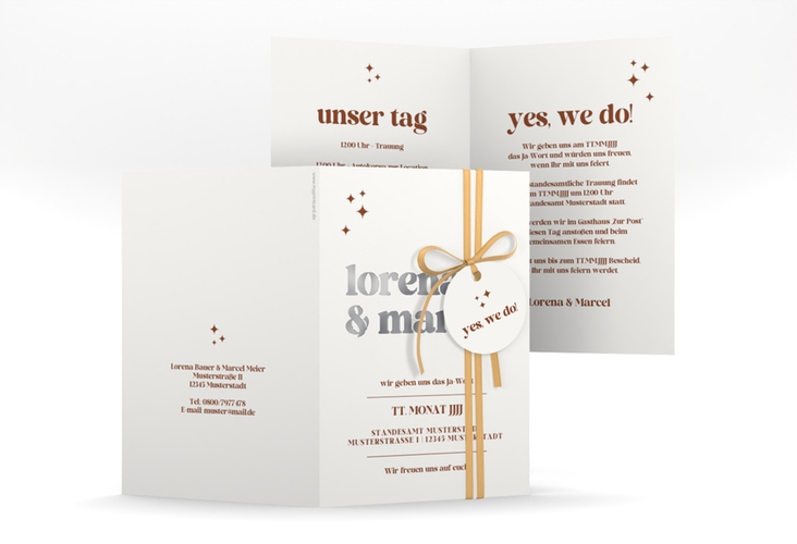 Einladungskarte Hochzeit Retro A6 Klappkarte hoch weiss silber