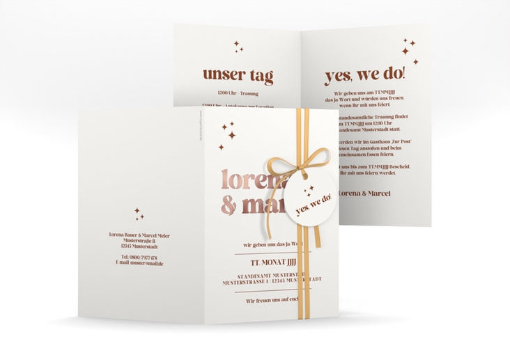 Einladungskarte Hochzeit Retro A6 Klappkarte hoch weiss rosegold