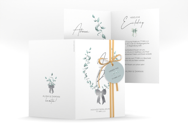 Einladungskarte Hochzeit Eucalypt Bow A6 Klappkarte hoch gruen silber