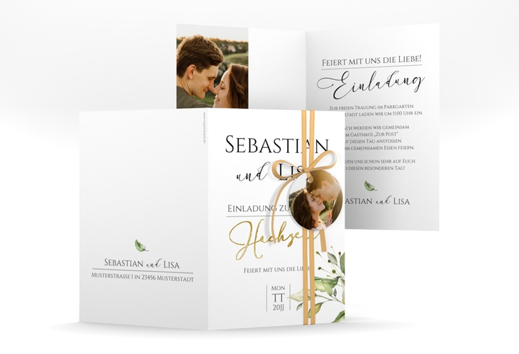Einladungskarte Hochzeit Leaves A6 Klappkarte hoch weiss gold