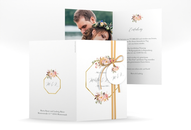 Einladungskarte Hochzeit Prachtvoll A6 Klappkarte hoch weiss gold