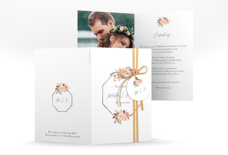 Einladungskarte Hochzeit Prachtvoll A6 Klappkarte hoch weiss silber