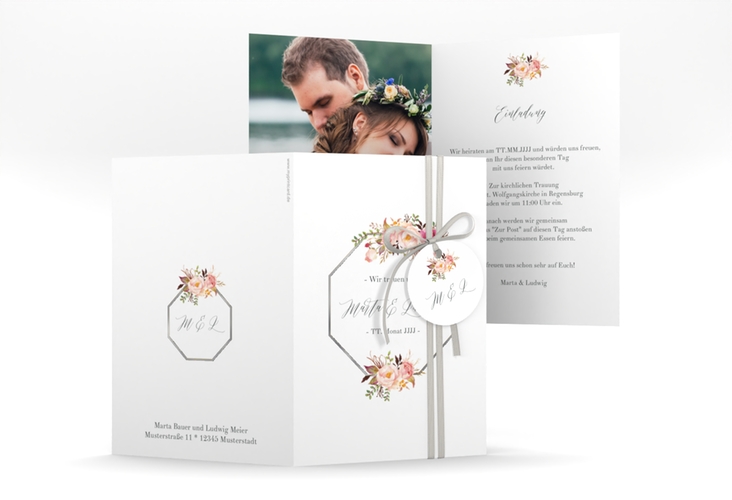 Einladungskarte Hochzeit Prachtvoll A6 Klappkarte hoch weiss silber