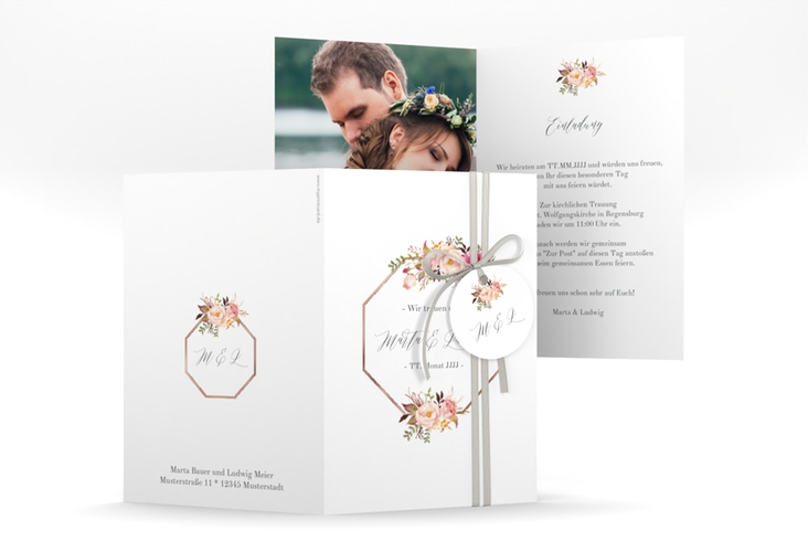 Einladungskarte Hochzeit Prachtvoll A6 Klappkarte hoch weiss rosegold