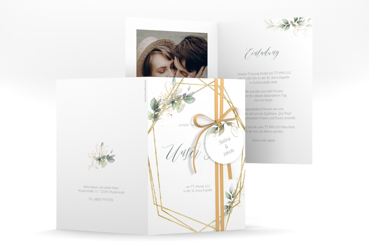 Hochzeitseinladung Greenish A6 Klappkarte hoch gruen gold