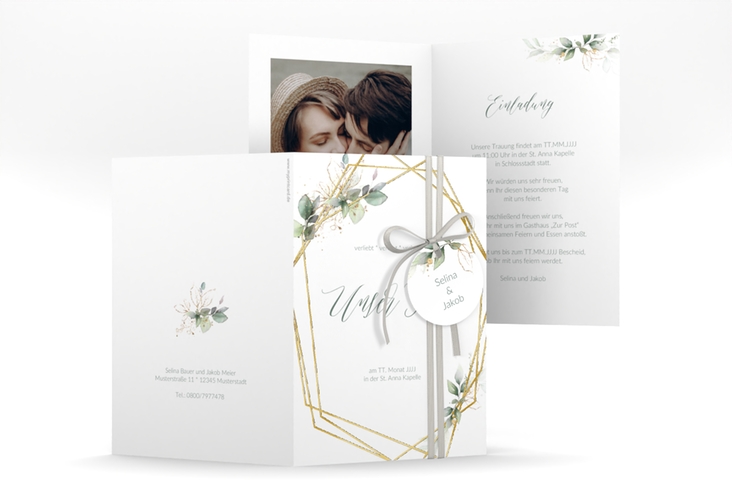 Hochzeitseinladung Greenish A6 Klappkarte hoch gruen gold