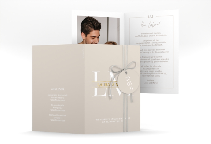 Einladungskarte Hochzeit Monogramm A6 Klappkarte hoch beige gold