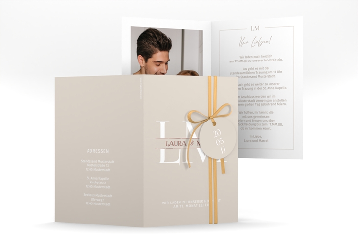 Einladungskarte Hochzeit Monogramm A6 Klappkarte hoch beige rosegold