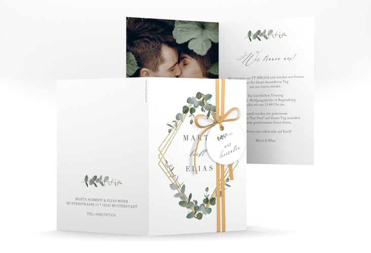 Einladungskarte Hochzeit Eukalyptus A6 Klappkarte hoch weiss gold