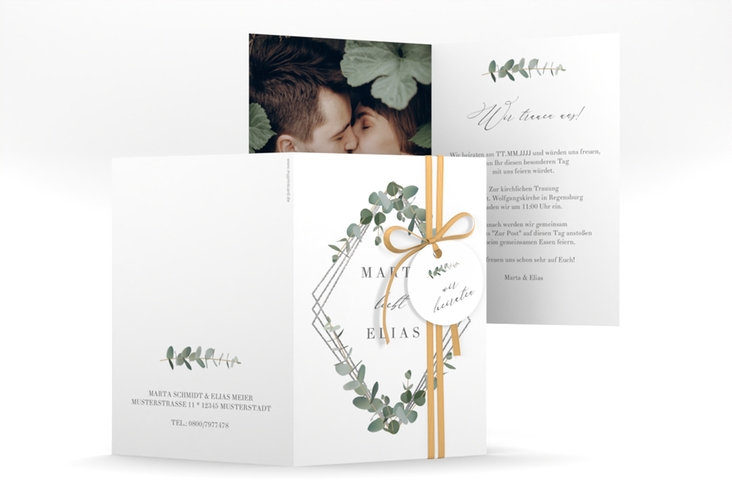 Einladungskarte Hochzeit Eukalyptus A6 Klappkarte hoch weiss silber