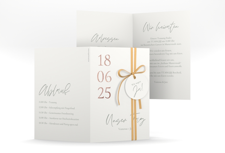 Einladungskarte Hochzeit Day A6 Klappkarte hoch weiss rosegold mit Datum im minimalistischen Design