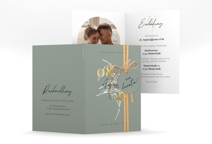 Einladungskarte Hochzeit Seed A6 Klappkarte hoch gruen gold