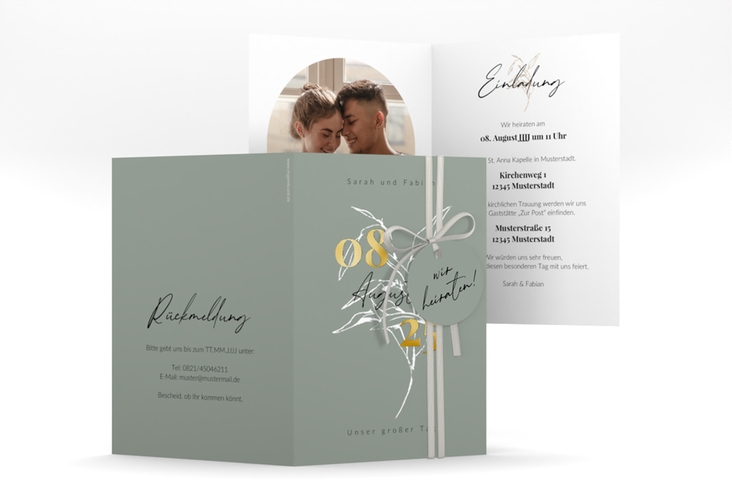 Einladungskarte Hochzeit Seed A6 Klappkarte hoch gruen gold