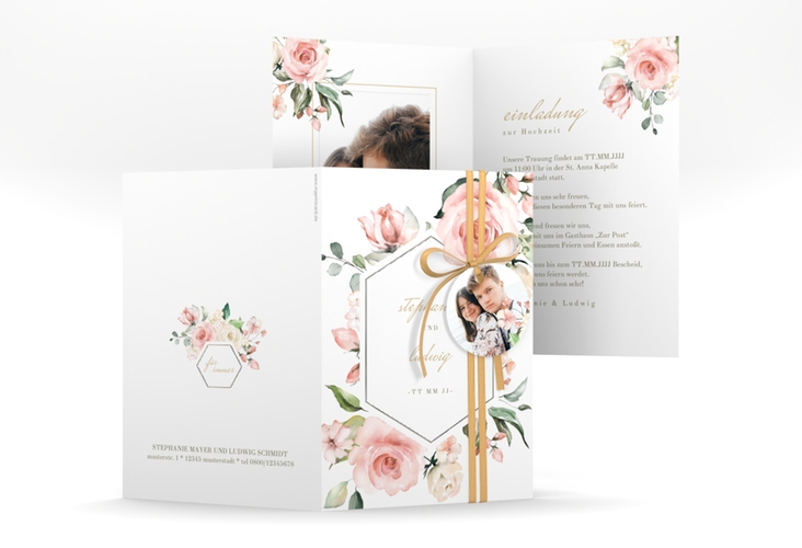 Einladungskarte Hochzeit Graceful A6 Klappkarte hoch weiss silber mit Rosenblüten in Rosa und Weiß