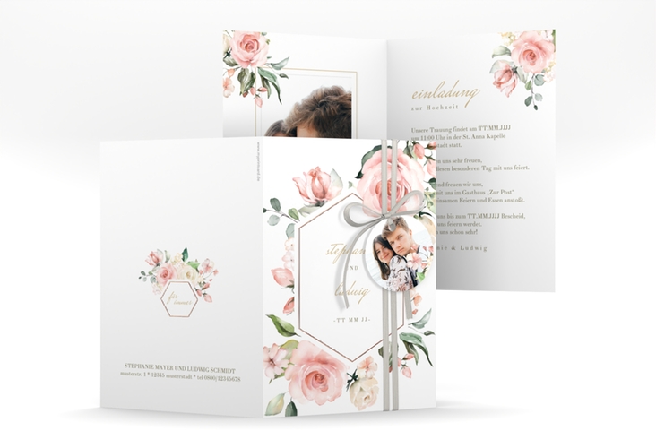 Einladungskarte Hochzeit Graceful A6 Klappkarte hoch weiss rosegold mit Rosenblüten in Rosa und Weiß