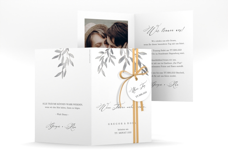 Einladungskarte Hochzeit Demure A6 Klappkarte hoch weiss silber