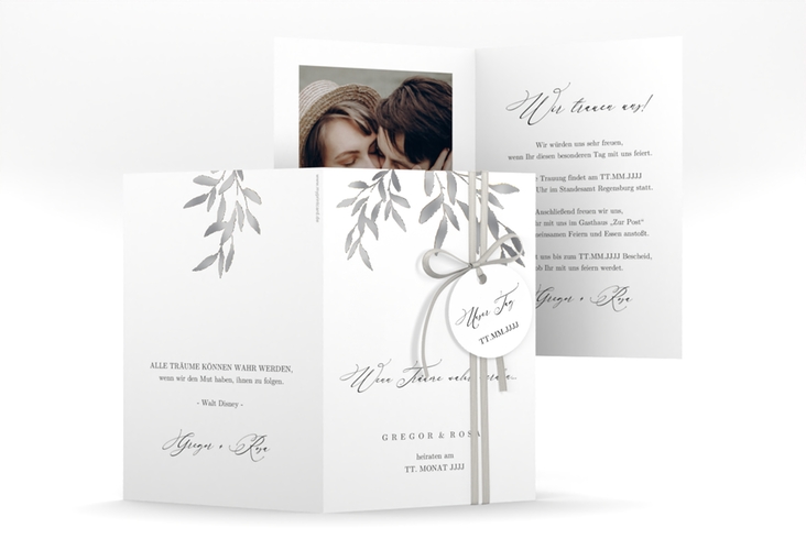 Einladungskarte Hochzeit Demure A6 Klappkarte hoch weiss silber