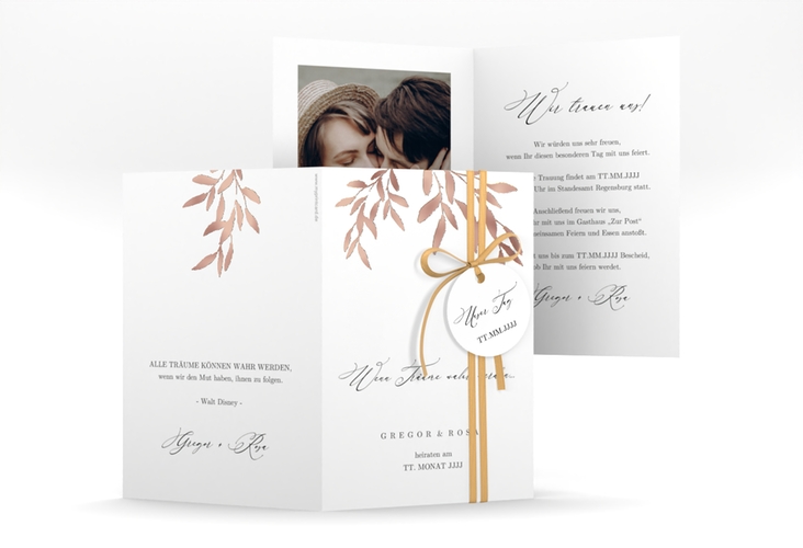 Einladungskarte Hochzeit Demure A6 Klappkarte hoch weiss rosegold