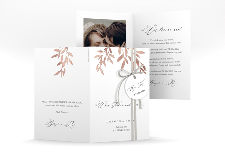 Einladungskarte Hochzeit Demure A6 Klappkarte hoch weiss rosegold