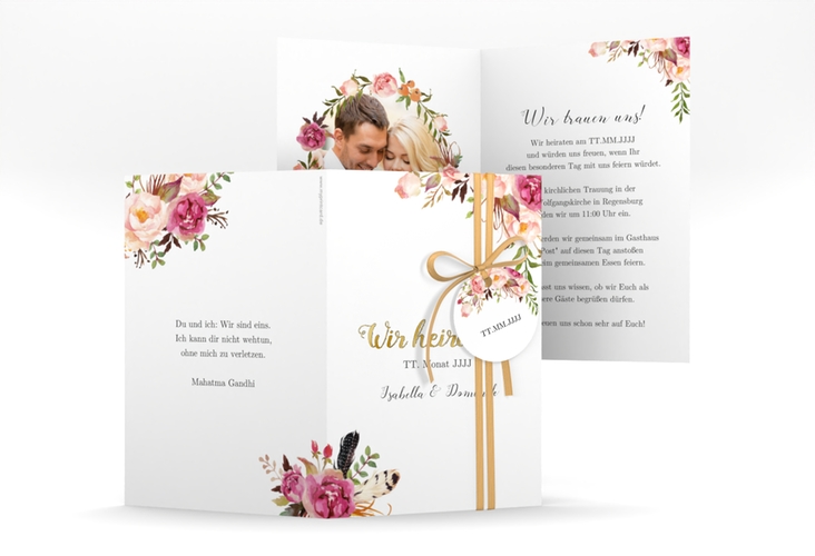 Einladungskarte Hochzeit Flowers A6 Klappkarte hoch weiss gold mit bunten Aquarell-Blumen