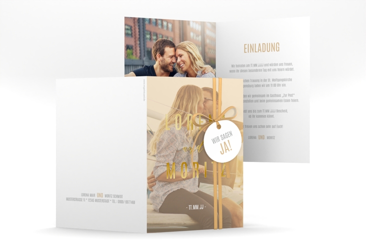 Einladungskarte Hochzeit Memory A6 Klappkarte hoch beige gold