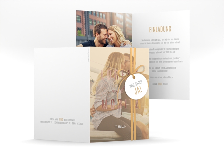 Einladungskarte Hochzeit Memory A6 Klappkarte hoch beige rosegold