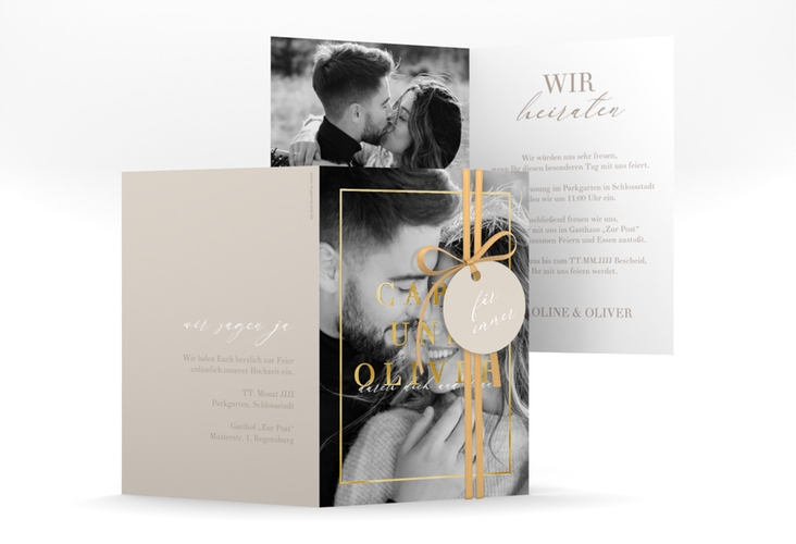 Einladungskarte Hochzeit Moment A6 Klappkarte hoch beige gold