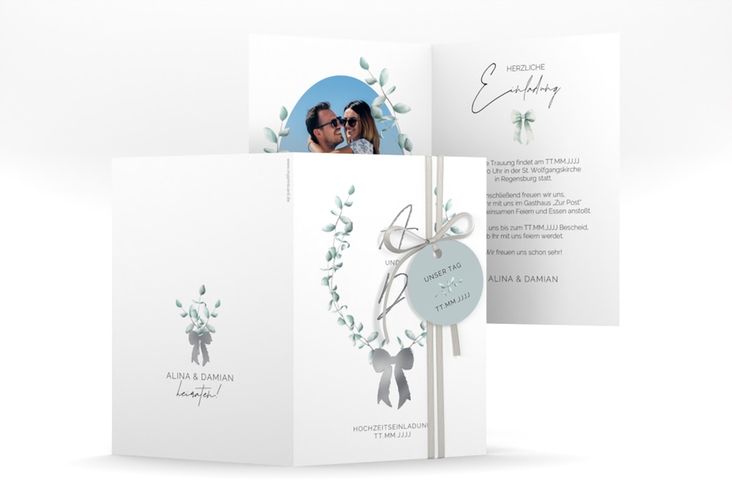 Einladungskarte Hochzeit Eucalypt Bow A6 Klappkarte hoch gruen silber