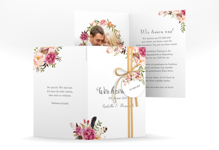 Einladungskarte Hochzeit Flowers A6 Klappkarte hoch weiss silber mit bunten Aquarell-Blumen