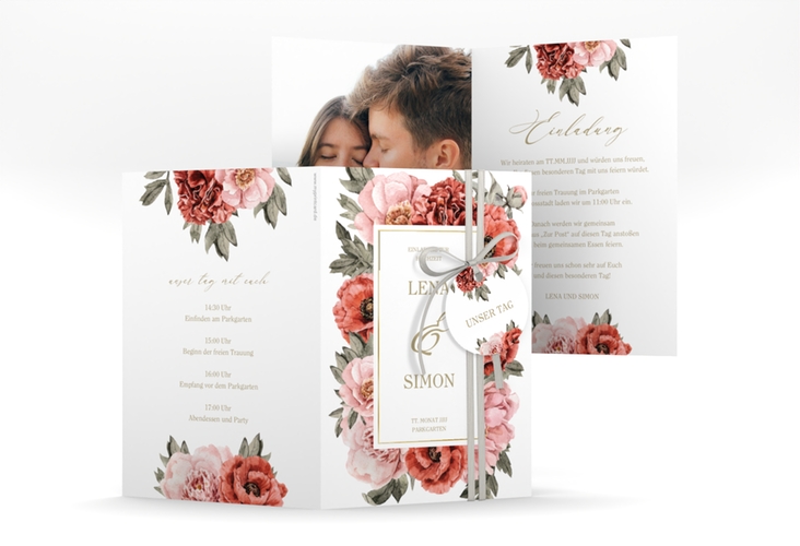 Einladungskarte Hochzeit "Amapola" DIN A6 Klappkarte weiss gold