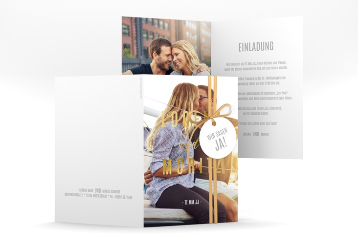 Einladungskarte Hochzeit Memory A6 Klappkarte hoch weiss gold