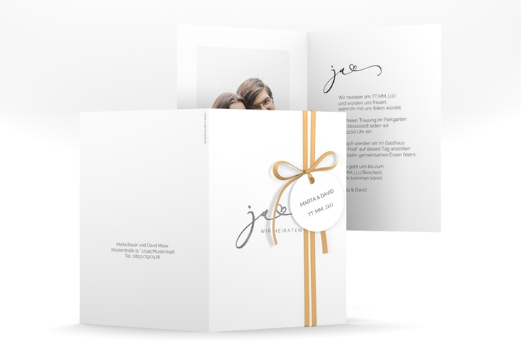Hochzeitseinladung Jawort A6 Klappkarte hoch weiss silber modern minimalistisch mit veredelter Aufschrift