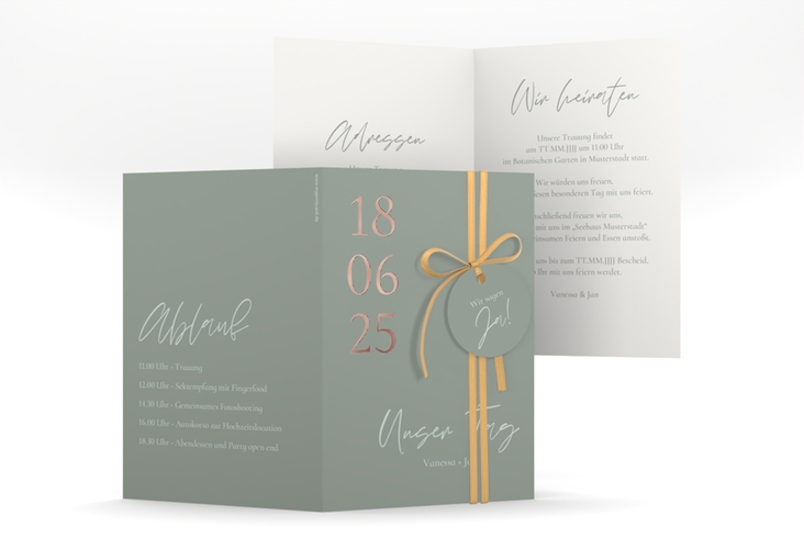 Einladungskarte Hochzeit Day A6 Klappkarte hoch gruen rosegold mit Datum im minimalistischen Design