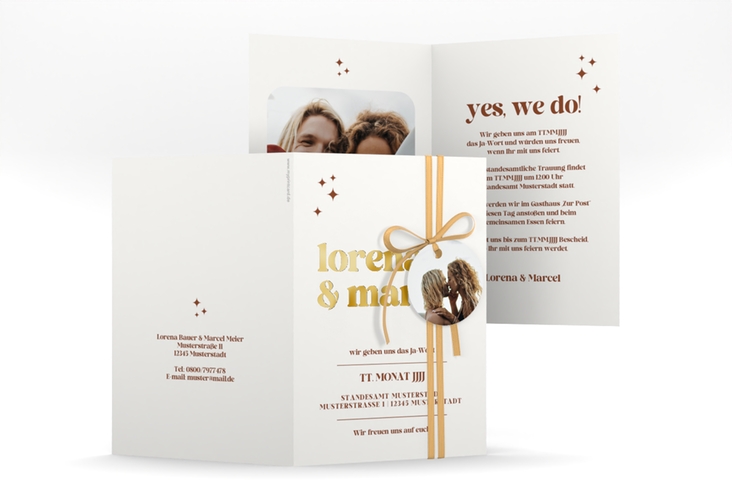 Einladungskarte Hochzeit Retro A6 Klappkarte hoch weiss gold