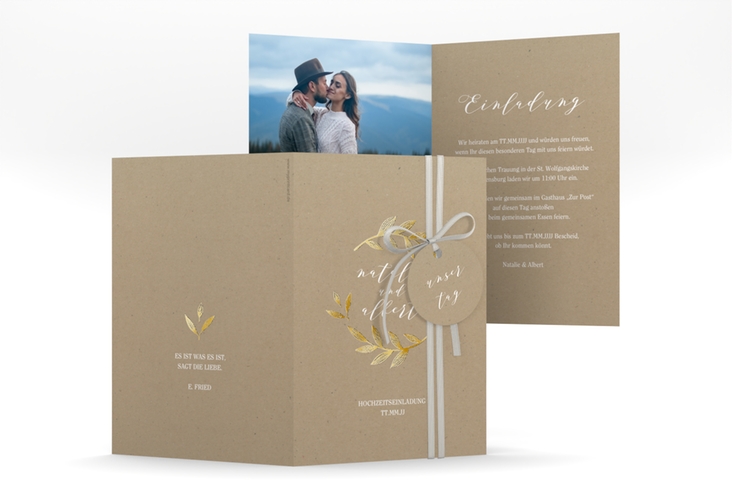 Einladungskarte Hochzeit "Naturelove" DIN A6 Klappkarte weiss gold