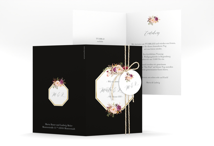Einladungskarte Hochzeit Prachtvoll A6 Klappkarte hoch schwarz gold