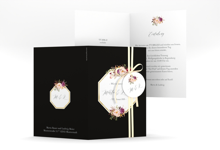 Einladungskarte Hochzeit Prachtvoll A6 Klappkarte hoch schwarz gold