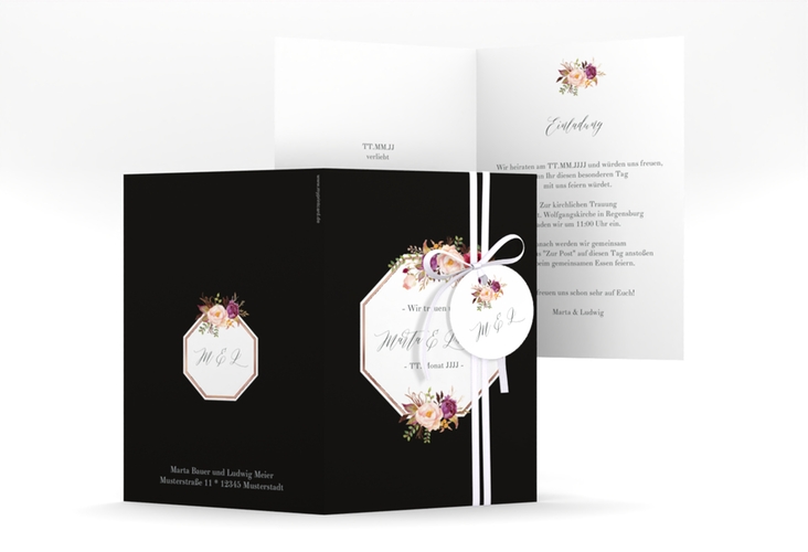 Einladungskarte Hochzeit Prachtvoll A6 Klappkarte hoch schwarz rosegold