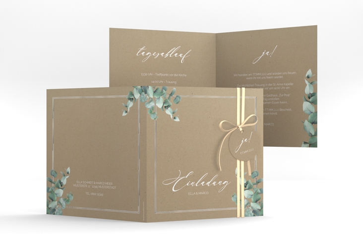Hochzeitseinladung Eucalypt quadr. Klappkarte Kraftpapier silber mit Eukalyptus und edlem Rahmen