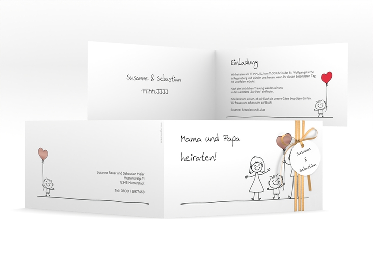 Hochzeitseinladung Family lange Klappkarte quer weiss rosegold
