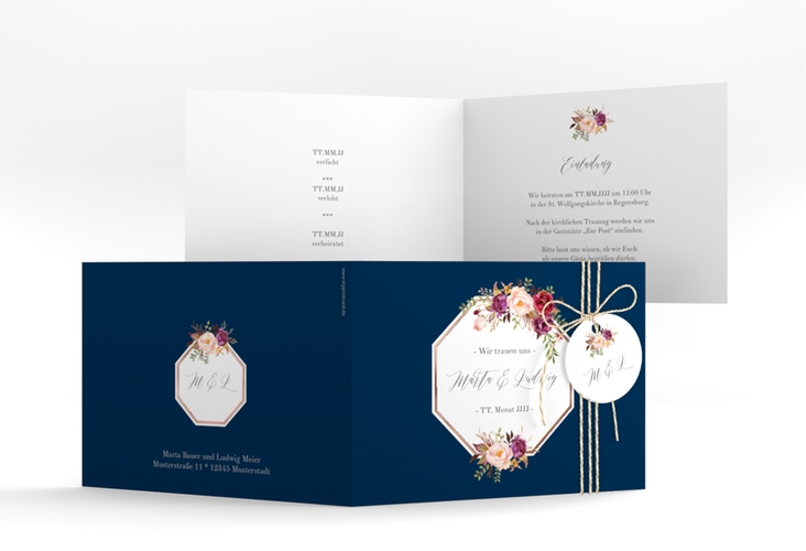 Hochzeitseinladung Prachtvoll A6 Klappkarte quer blau rosegold