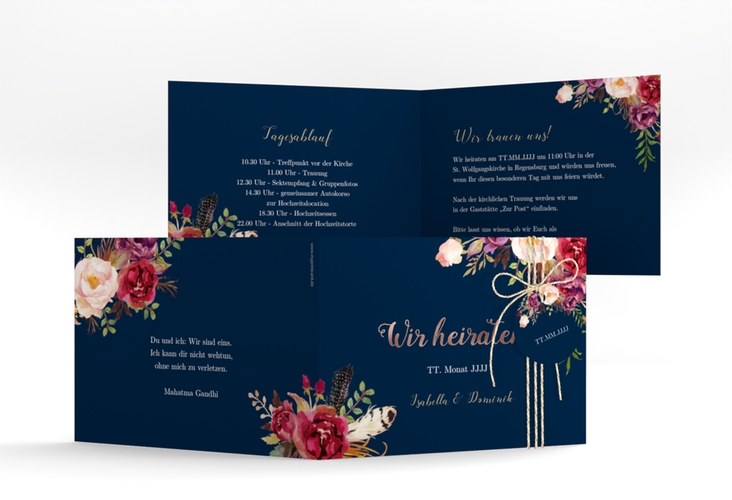 Hochzeitseinladung Flowers A6 Klappkarte quer blau rosegold mit bunten Aquarell-Blumen
