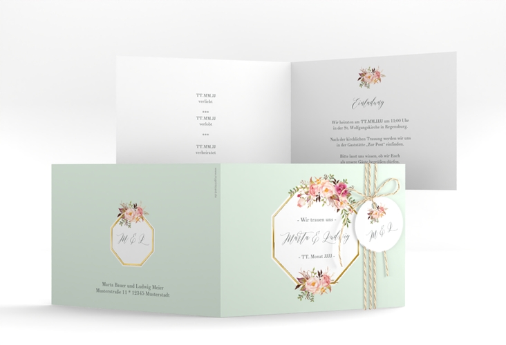 Hochzeitseinladung Prachtvoll A6 Klappkarte quer mint gold