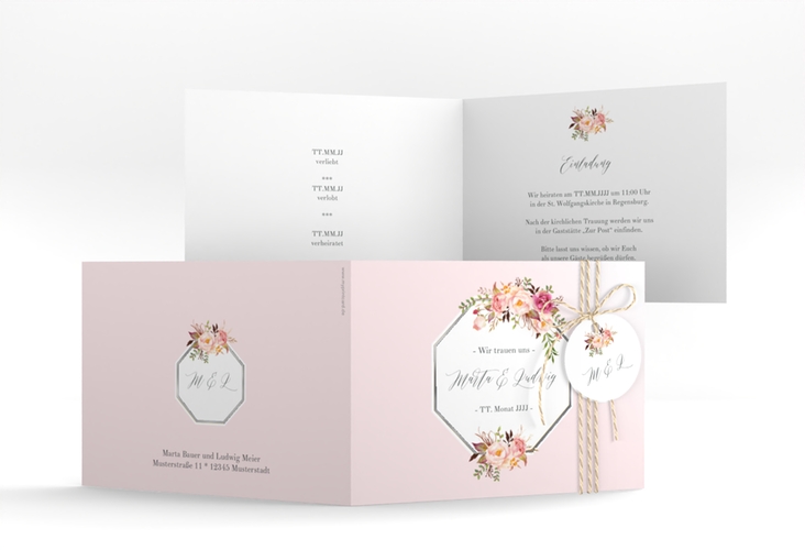 Hochzeitseinladung Prachtvoll A6 Klappkarte quer rosa silber