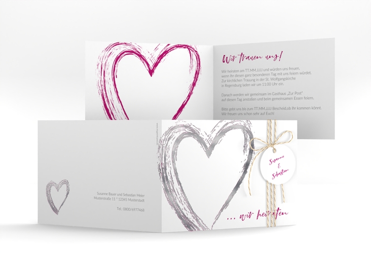 Hochzeitseinladung Liebe A6 Klappkarte quer pink silber