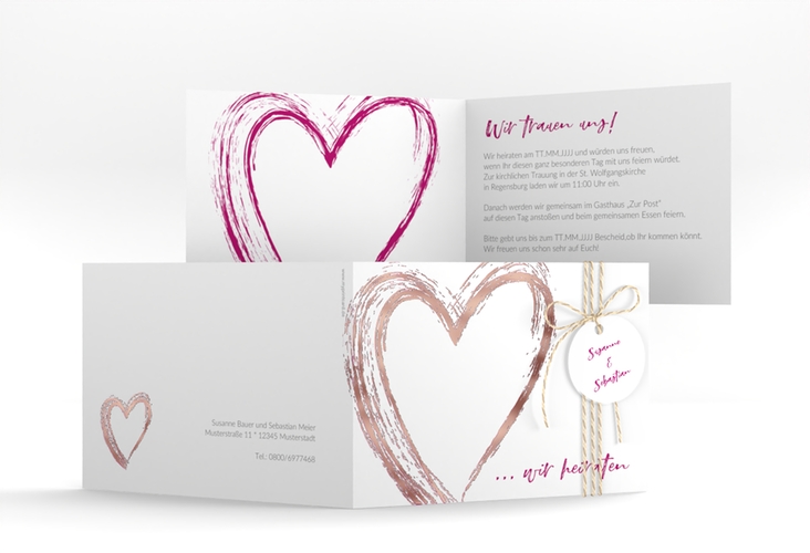 Hochzeitseinladung Liebe A6 Klappkarte quer pink rosegold