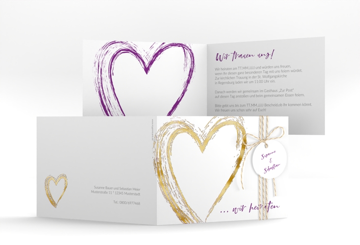 Hochzeitseinladung Liebe A6 Klappkarte quer lila gold