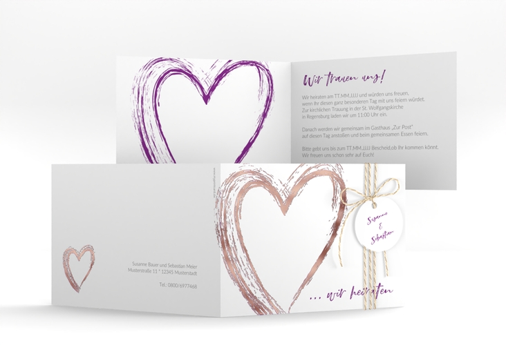 Hochzeitseinladung Liebe A6 Klappkarte quer lila rosegold
