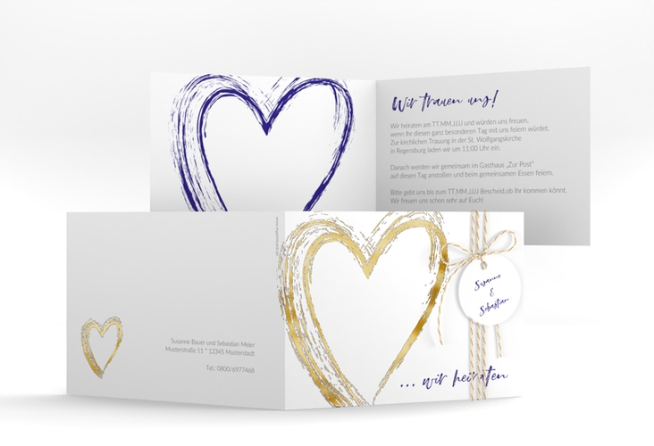 Hochzeitseinladung Liebe A6 Klappkarte quer blau gold