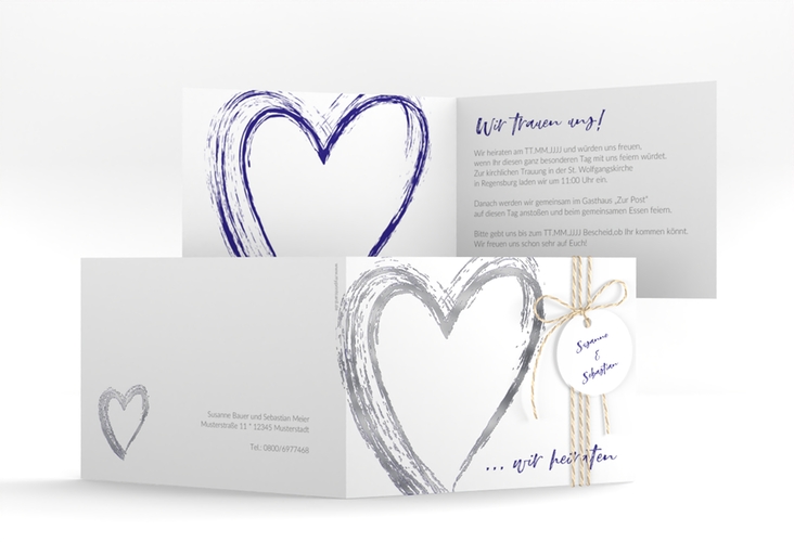 Hochzeitseinladung Liebe A6 Klappkarte quer blau silber